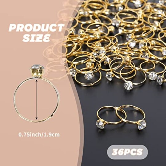 36 Packs Gold Diamond Engagement Rings Bridal Shower Rings for Wedding Table Decorations, Party Supply, Favor Accents, Cupcake Toppers